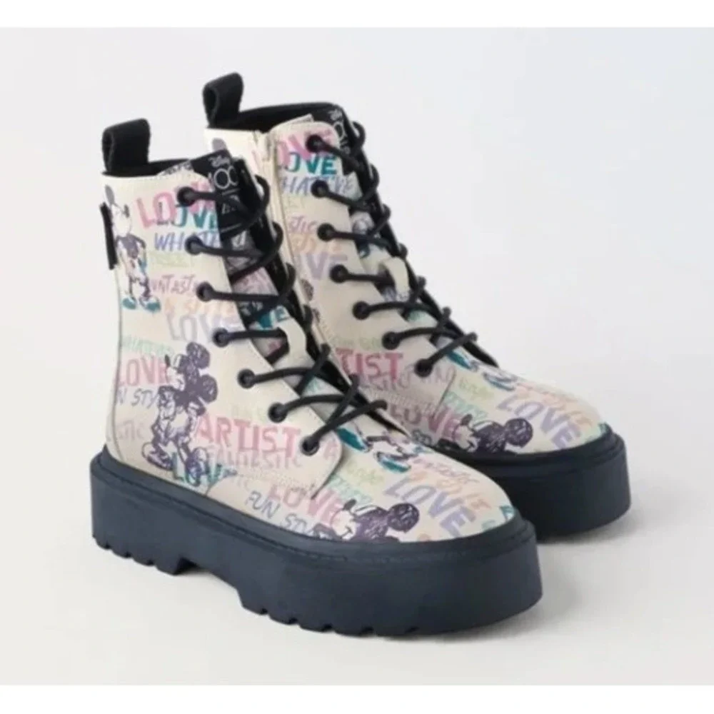 NWOT Zara Kids Disney 100 Mickey Mouse Graffiti Combat Boots White Size 33